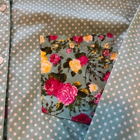 Susan Graver Button down Blouse, sz 12, aqua polka dot & floral, cotton/spandex - Picture 3 of 8